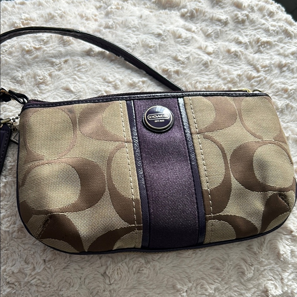 Coach Tan and Purple Signature Wristlet with Leather Stripe